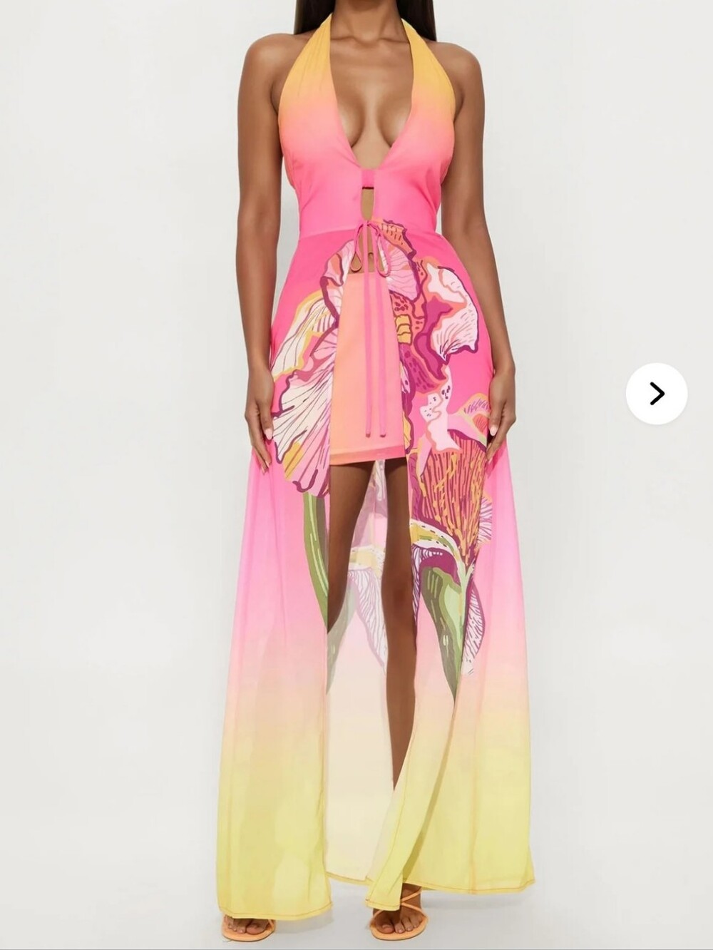 Fashion Nova Pink & Yellow Ombre Floral High-Low Maxi Skirt Dress
